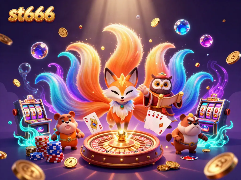Experience thrilling gaming with st666, featuring vibrant fox spirit and owl sage amidst casino elements.