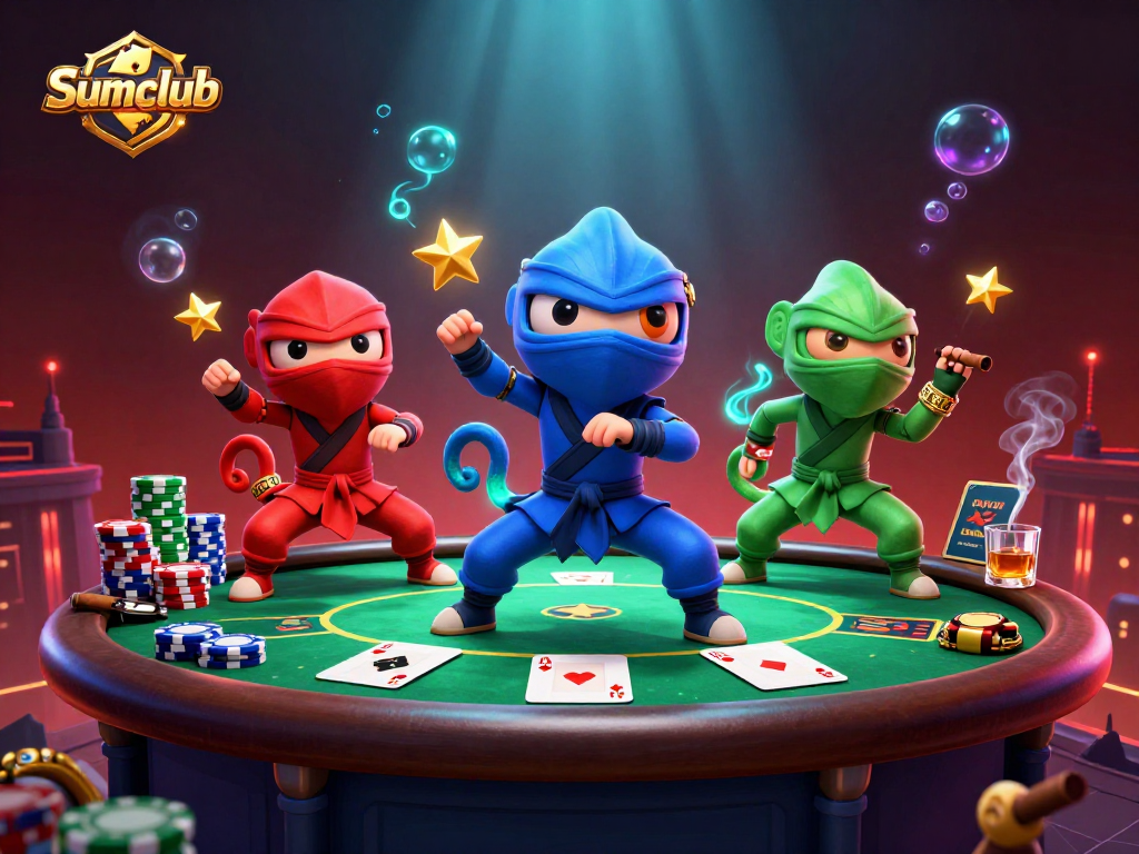 Experience the Sumclub excitement with a lively 3D scene featuring chameleon ninjas showcasing their moves amidst vibrant poker elements.