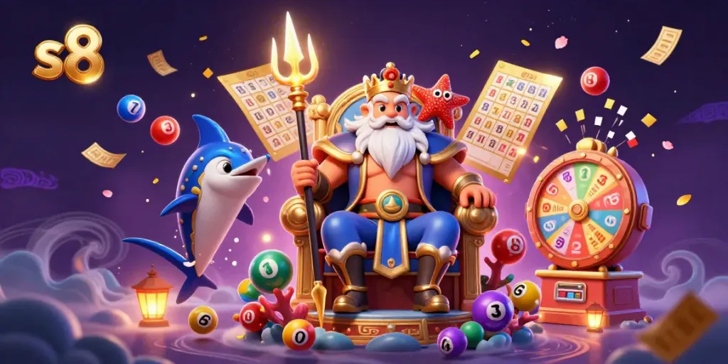 Engaging scene depicting s8 with Neptune and vibrant lottery elements capturing casino excitement.