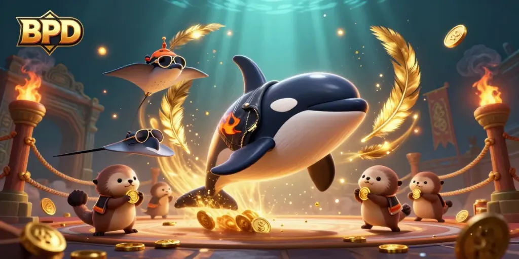 Engage with BPD gaming dynamics featuring an orca, stingray, and otters amidst casino elements.