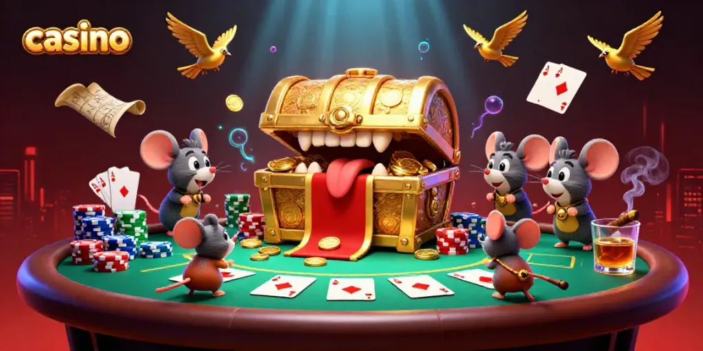 Casino scene featuring a treasure chest mimicking adventure, poker elements, and vibrant colors