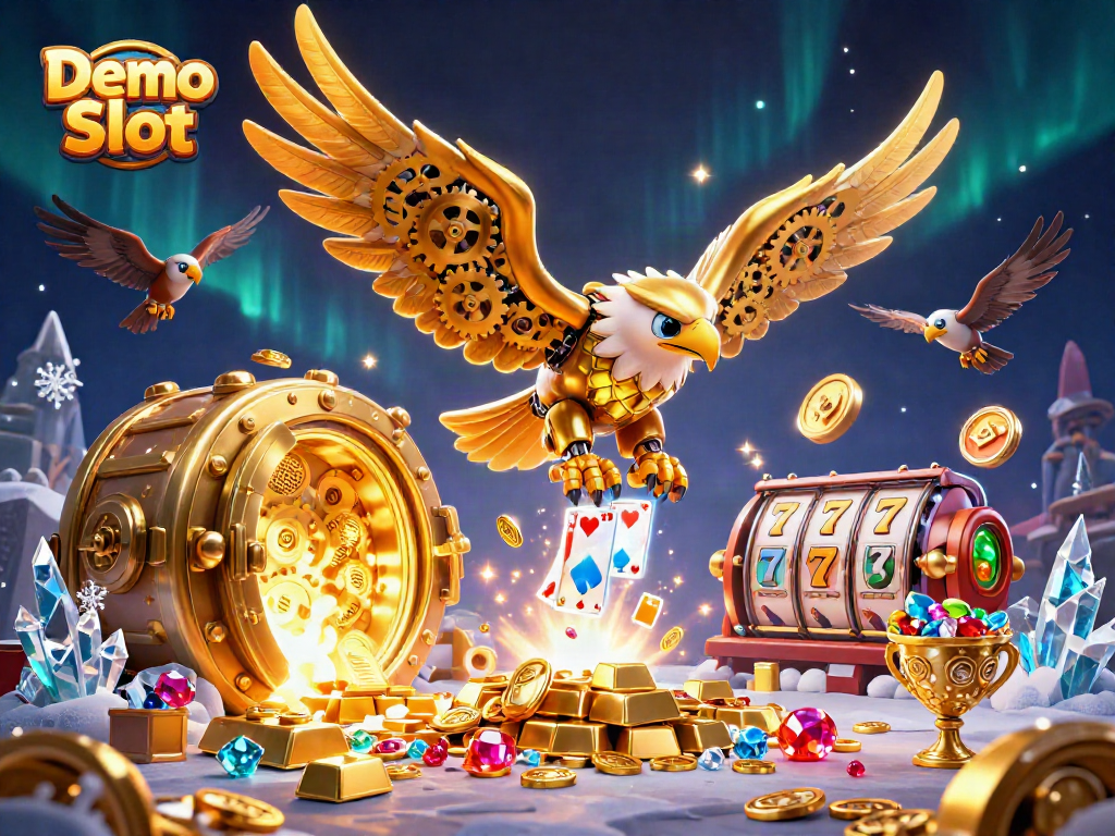 Engage with a vibrant Demo Slot scene featuring a dynamic cybernetic eagle amidst casino symbols and treasures.