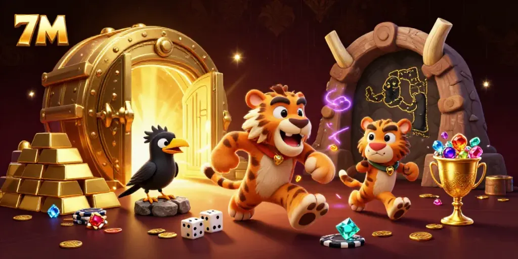 Engage in thrilling gameplay with 7M as caveman and sabertooth tiger explore a vibrant casino.
