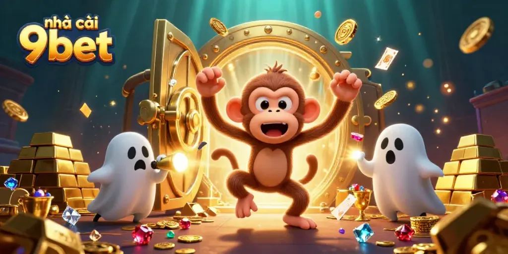 Experience the thrill of nhà cái 9bet with a playful poltergeist juggling golden casino treasures!