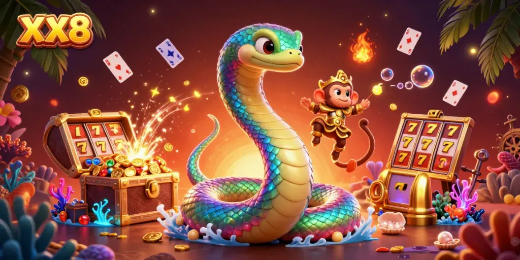 Engage with the vibrant XX8-themed casino illustration showcasing slot reels and iridescent serpent.