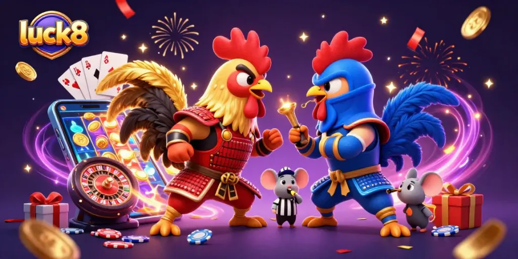 Experience thrilling gambling with luck8's dynamic illustration of fighting roosters amid casino excitement.