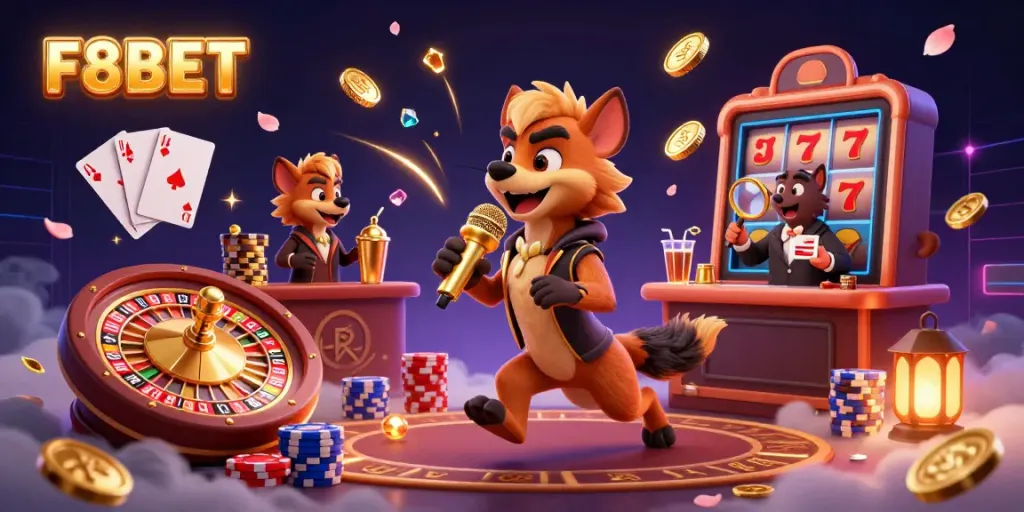Catch the excitement at F8BET Casino as hyenas create fun and laughter in a lively casino scene.