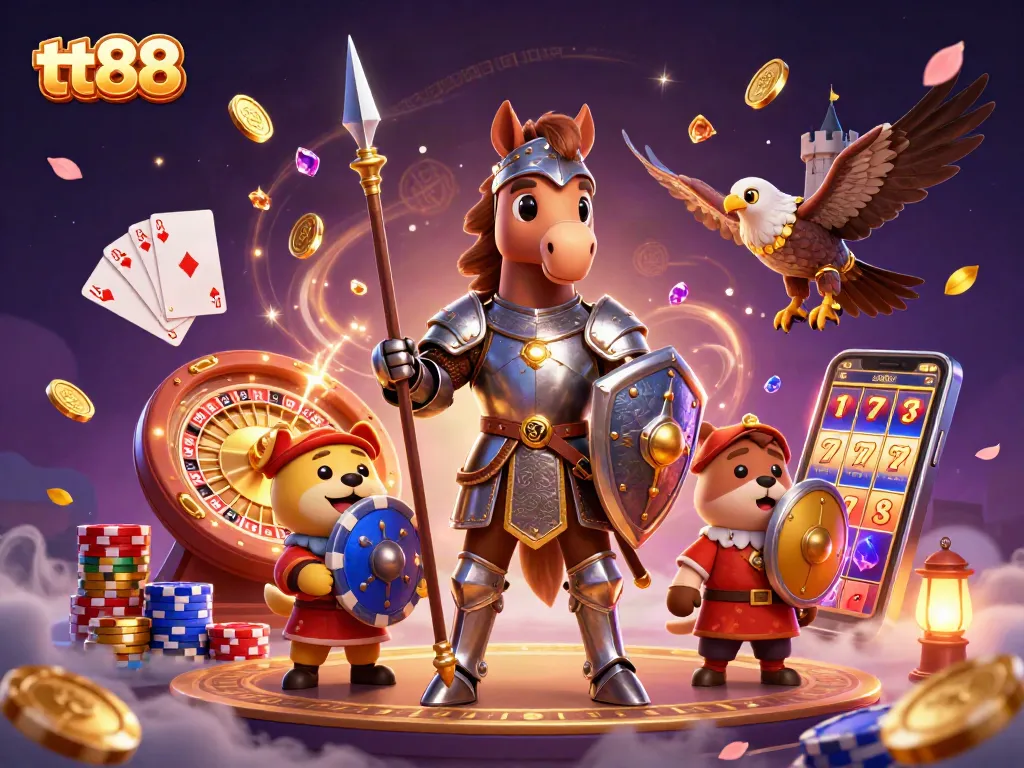 Engage with thrilling gaming elements in the tt88 realm featuring knights, coins, and roulette.