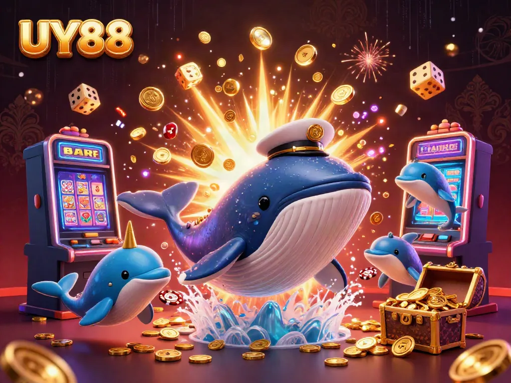 Engage in exciting UY88 casino action with a 3D whale, narwhal, and dolphins amidst golden rewards!