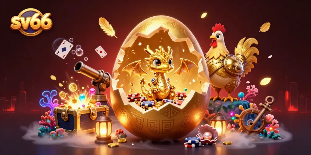 Experience the thrill with sv66, featuring a golden dragon and poker chips under a fantasy casino setting.