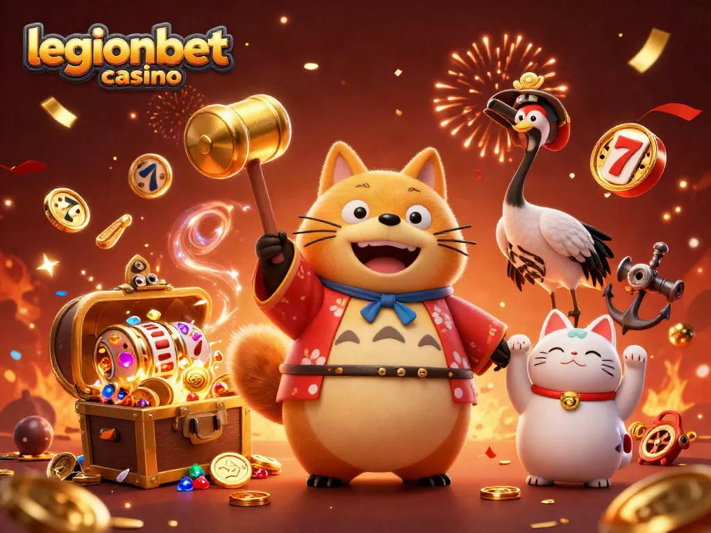 Join the fun at legionbet casino with lucky tanuki, gold coins, and vibrant game symbols!