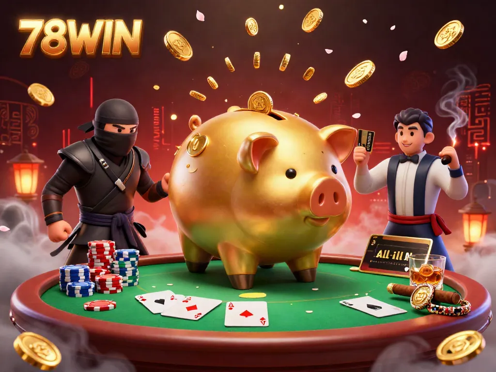 Experience the electrifying world of 78WIN with a golden piggy bank sumo wrestler amidst a dynamic poker scene.