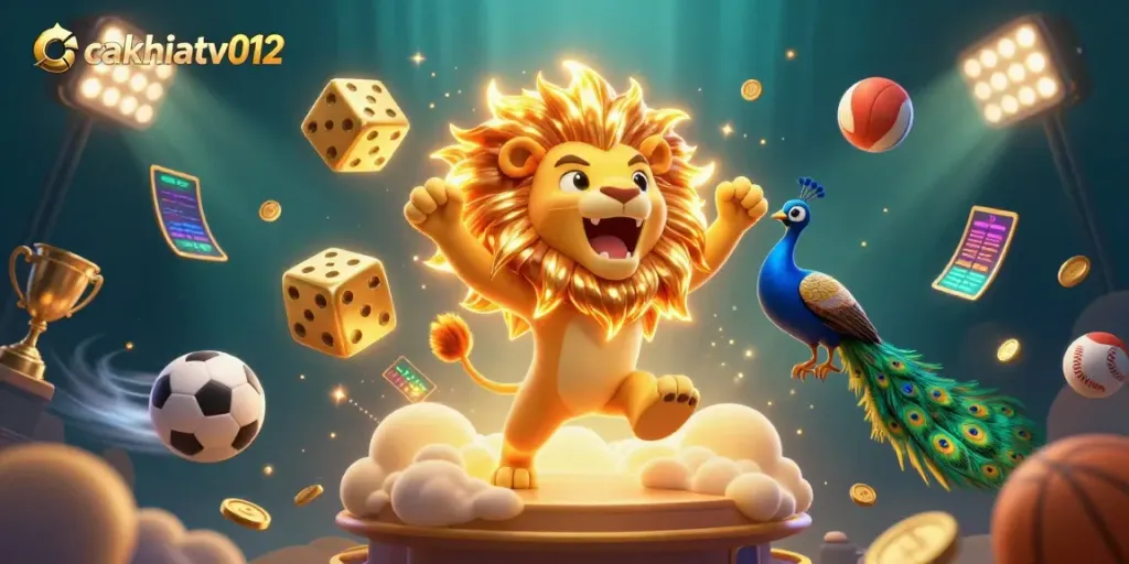 Cakhiatv012 showcases a vibrant, action-packed scene with a cartoon lion and sports elements, celebrating gambling spirit.
