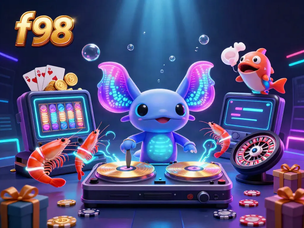 A vivid illustration featuring f98 elements, including a neon axolotl DJ and casino-themed gaming items.