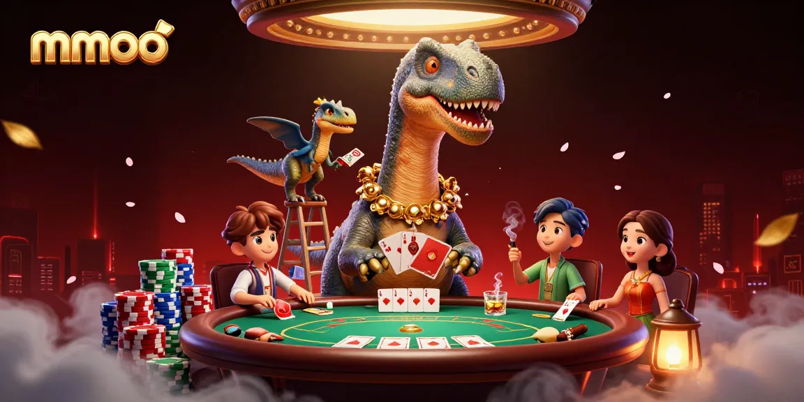 mmoo's animated casino scene shows a brontosaurus and clever raptor in action, surrounded by vibrant poker elements.