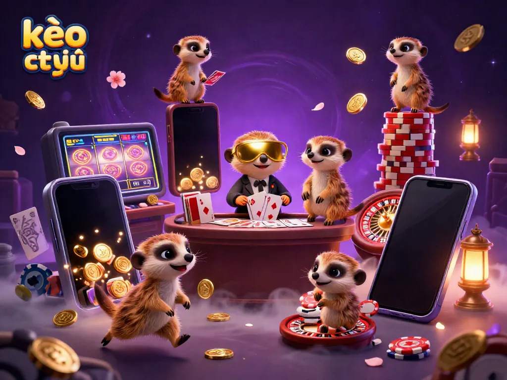 Experience the excitement of kèo trực tuyến with meerkats running a vibrant casino operation filled with games and treasures.