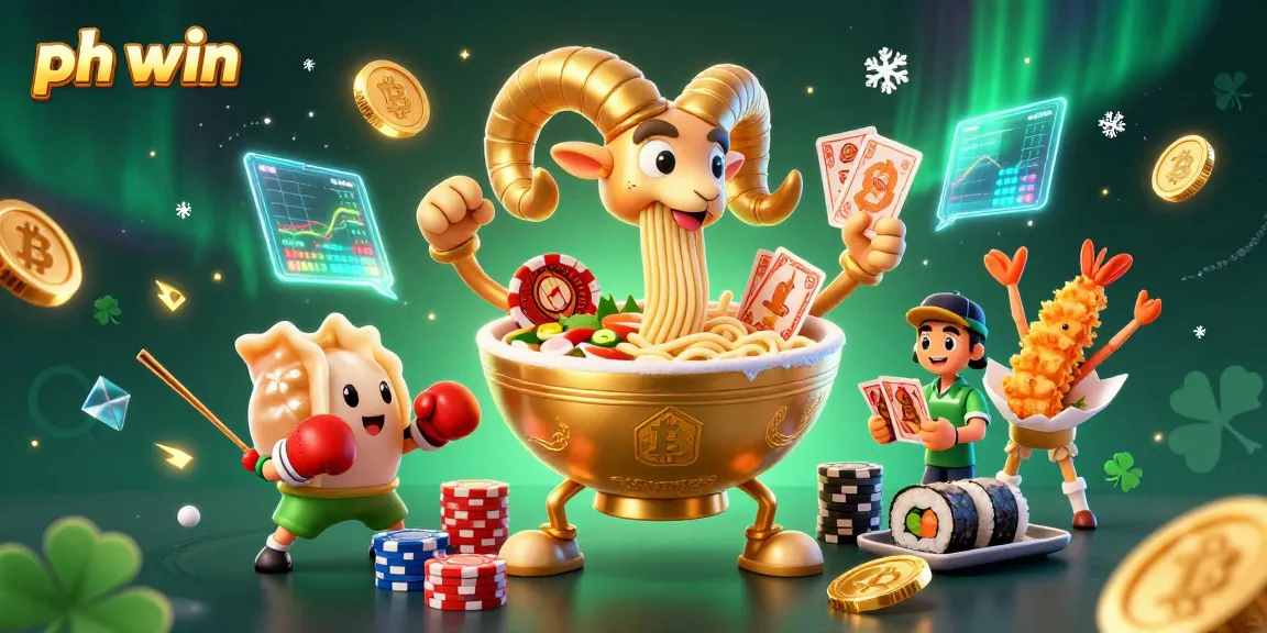 Engage with ph win in this vibrant scene featuring a golden ramen bowl as the dealer, showcasing casino excitement.