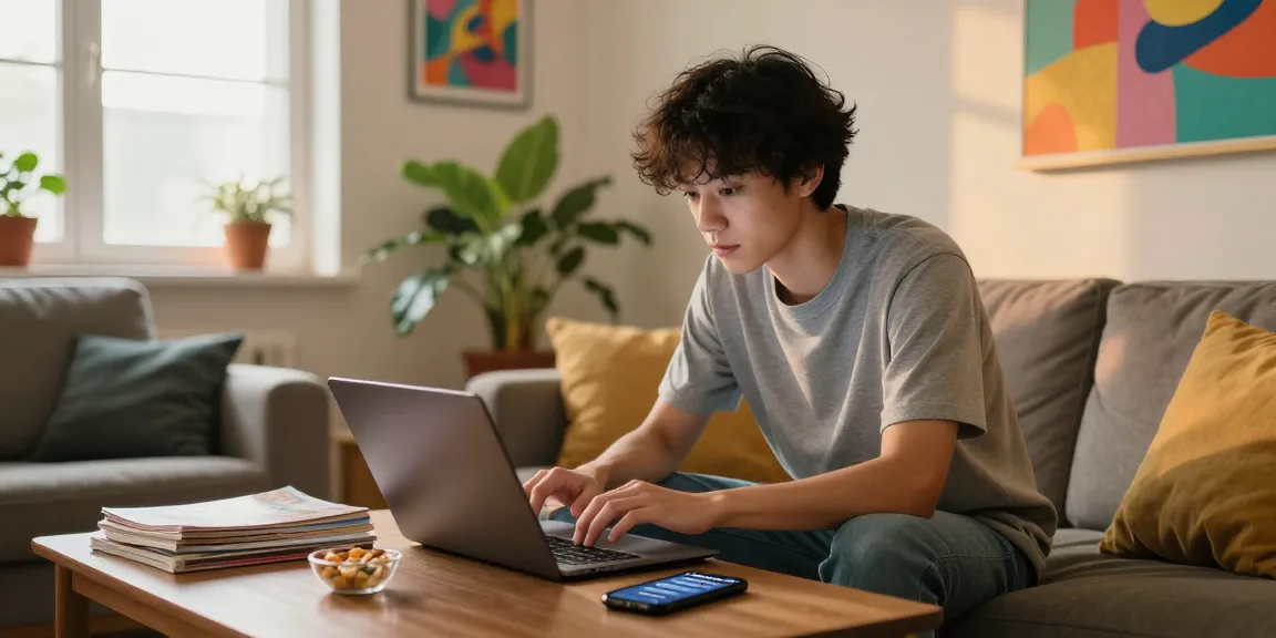 Casual living room scene with young adult reviewing NSFW content on laptop.