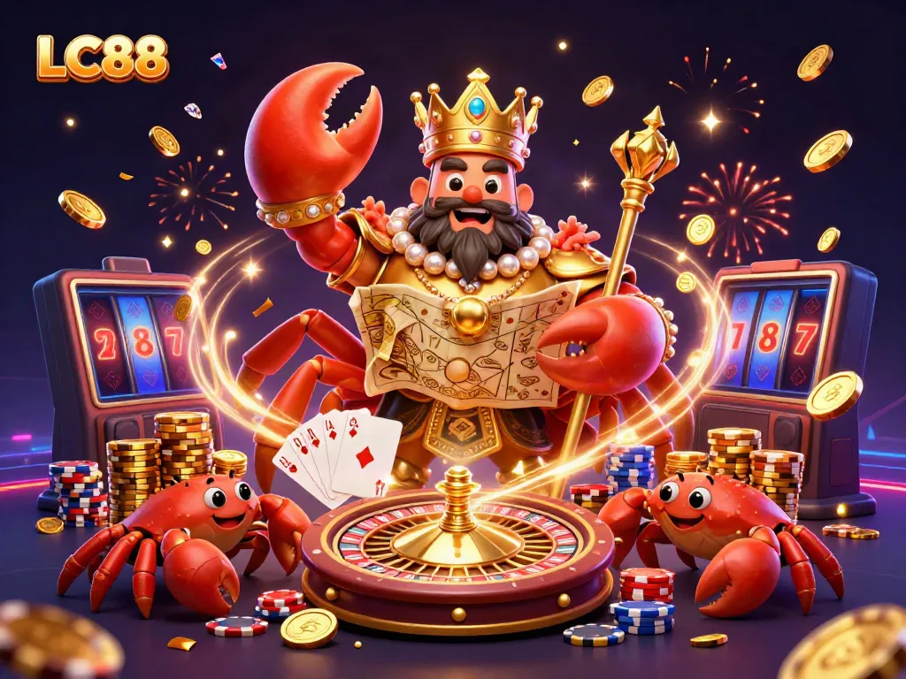 Experience the thrill of LC88 with a vibrant 3D casino scene featuring a golden crab emperor surrounded by casino elements.