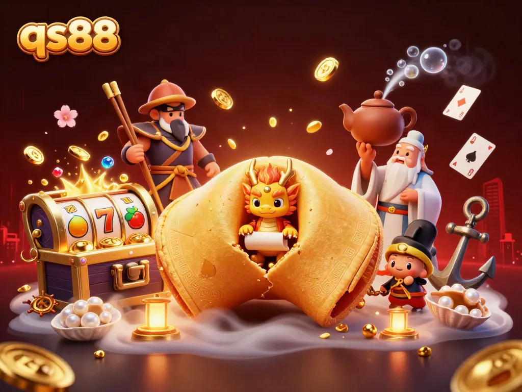 Experience the excitement of qs88 with golden treasures and dynamic casino elements in this vibrant illustration.