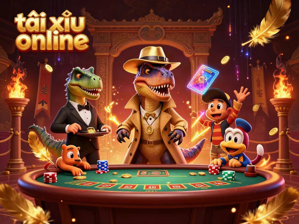 Engaging scene of tài xỉu online gameplay with a sneaky velociraptor and lively casino atmosphere.