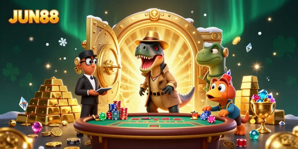Experience thrilling blackjack action at JUN88 with a 3D velociraptor and colorful casino elements.