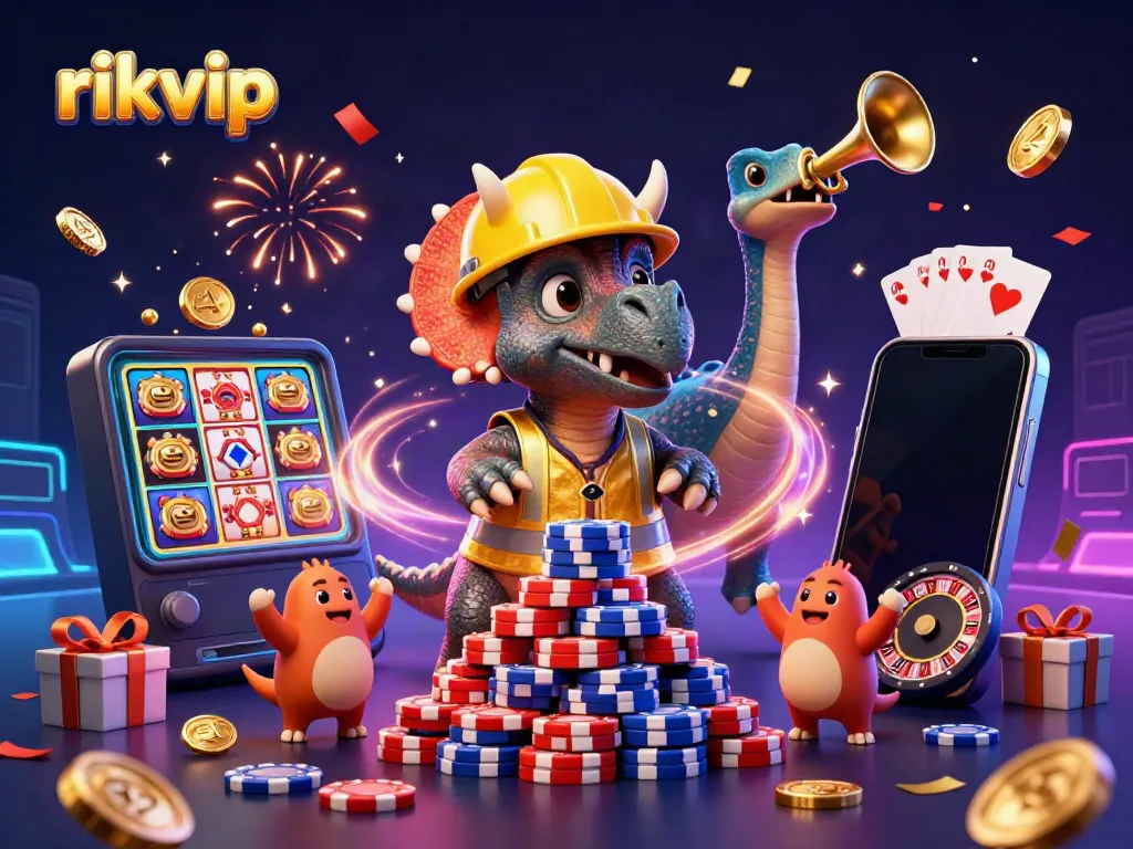 Celebrate wins with rikvip: a vibrant 3D illustration of animated characters amidst casino games and fun.