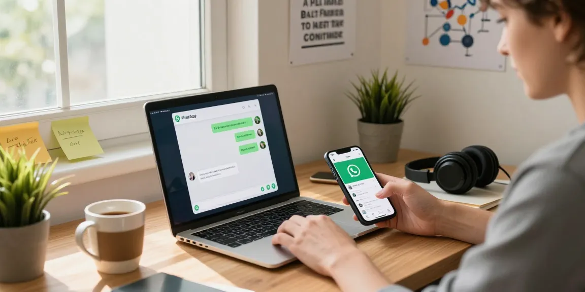 Engaged user experiencing WhatsApp下載 on laptop and smartphone in a cozy home office.