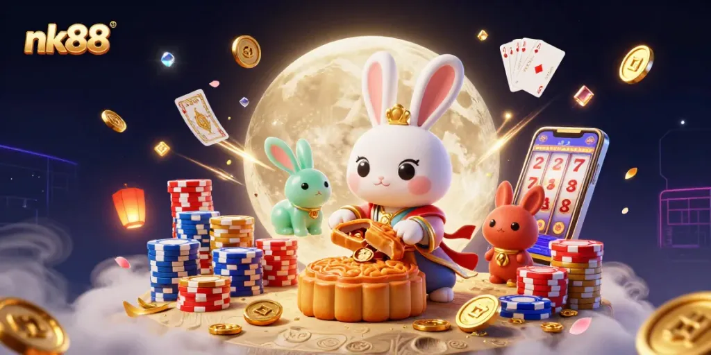 Win big at nk88 as a moon rabbit reveals poker chips inside golden mooncakes during vibrant casino scene.
