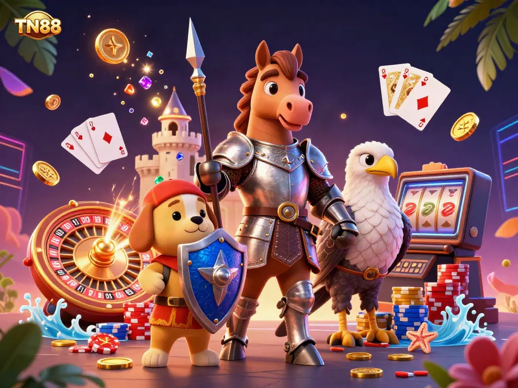 Experience thrilling gameplay at TN88 with a knight, puppy, and falcon surrounded by casino elements.