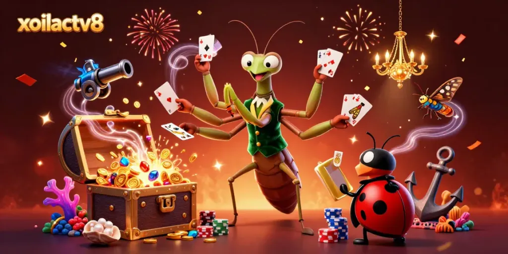 Engage with thrilling action at xoilactv8, showcasing a vibrant casino atmosphere with playful characters.