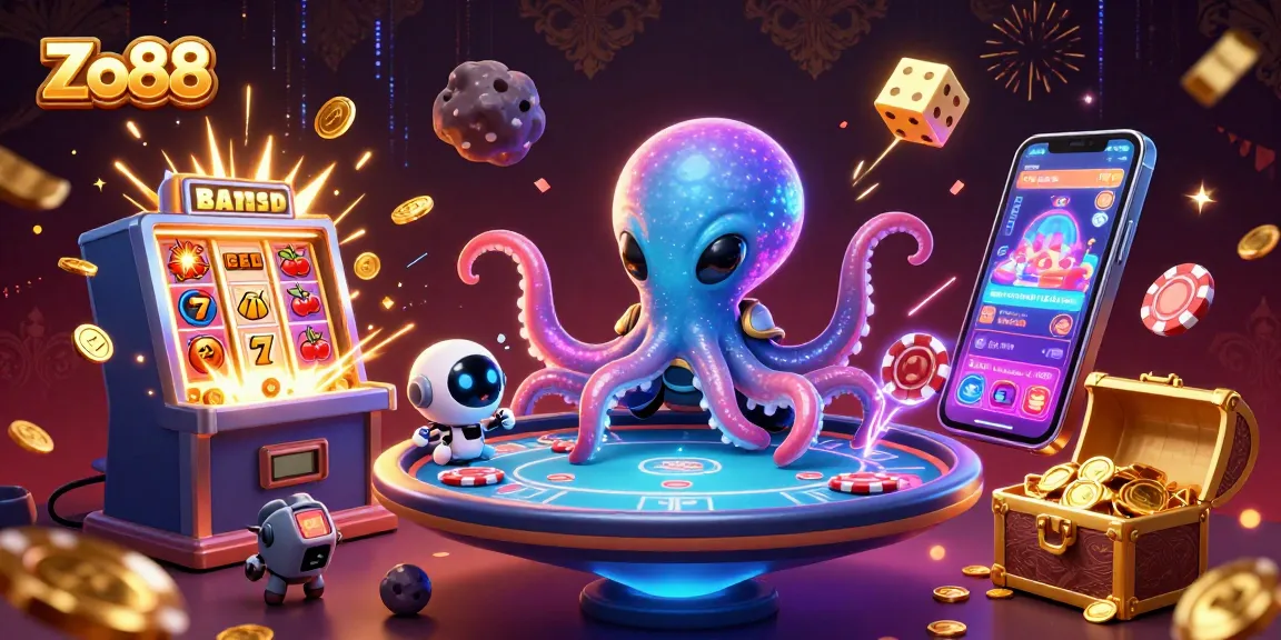 Zo88's dynamic gaming scene with a colorful poker table and vibrant slot machine action.