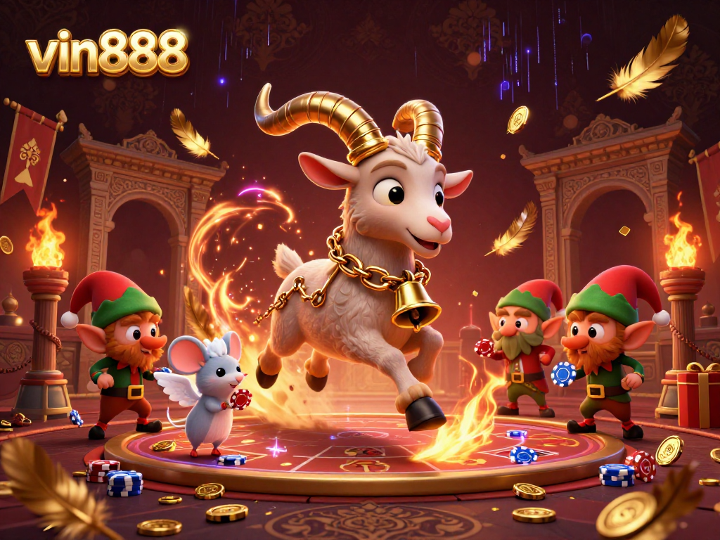 vin888 captures thrilling holidays with Krampus in a vibrant casino scene full of chaos.