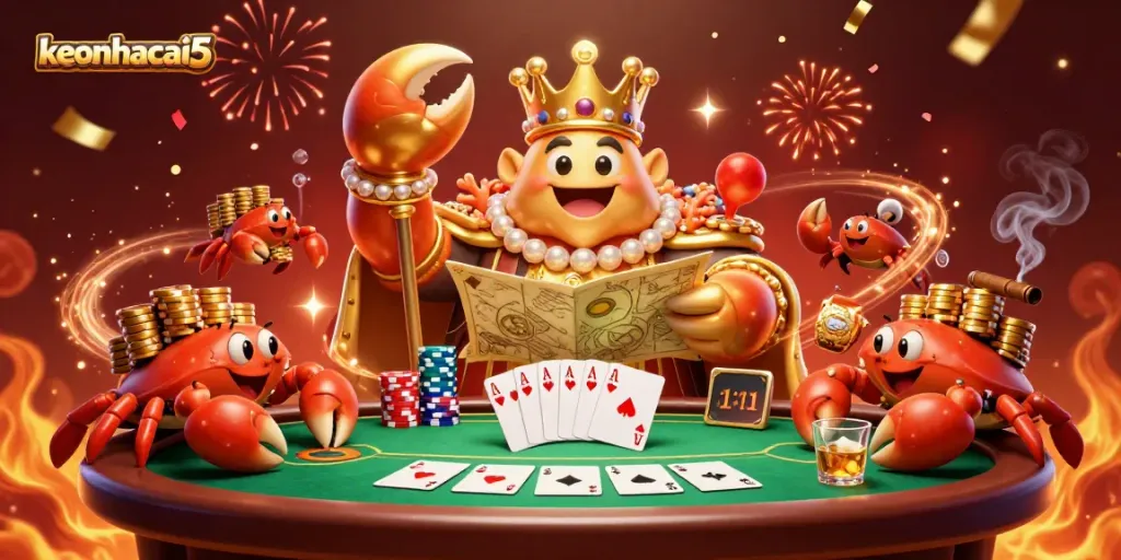 Engage with keonhacai5 as the golden crab emperor leads a lavish casino scene of poker action.