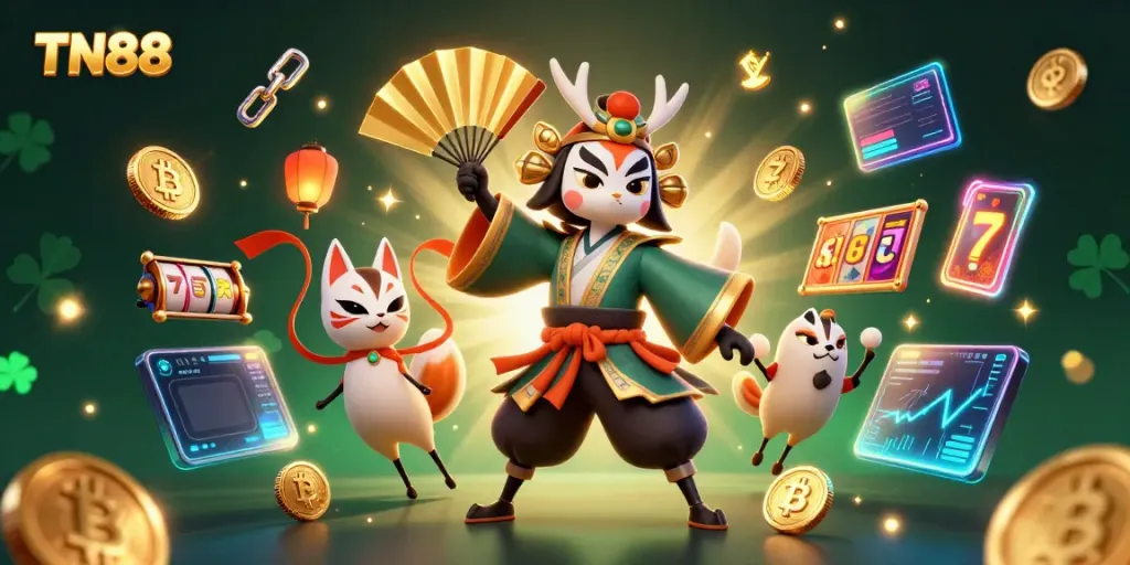 Engage in thrilling gameplay with TN88 characters amidst vibrant casino elements.