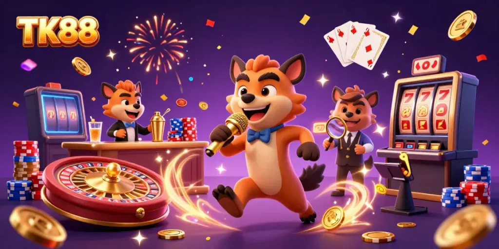 Engage with TK88's vibrant casino culture amidst golden coins and dynamic game elements.